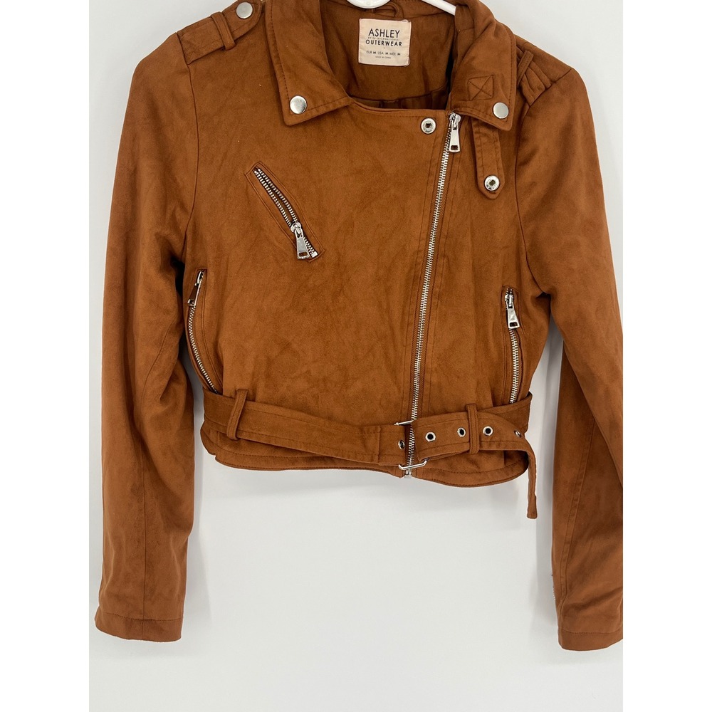 Ashley Outerwear Moto Jacket Womens Medium Faux Suede Belted Brown 13524-SUA